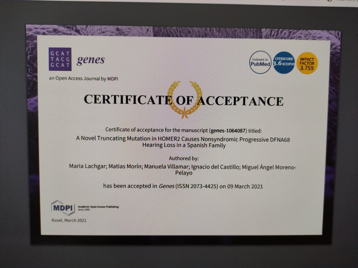 Miguel Angel Moreno Pelayo (@mamorenopelayo) on Twitter photo Again proud of my team. We have just published in Genes the third case reported in the world of the ultra rare hearing loss DFNA68 using our OTO-NGS-panel. This is true genomic precision medicine. <a href="/RAREGenomicsCM/">RAREgenomics</a> @CIBERER <a href="/AEGHgenetica/">Asociación Española de Genética Humana (AEGH)</a> Again proud of my team. We have just published in Genes the third case reported in the world of the ultra rare hearing loss DFNA68 using our OTO-NGS-panel. This is true genomic precision medicine. <a href="/RAREGenomicsCM/">RAREgenomics</a> @CIBERER <a href="/AEGHgenetica/">Asociación Española de Genética Humana (AEGH)</a>