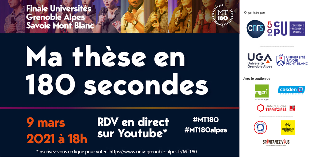 UGrenobleAlpes's tweet photo. [#MT180] 1diapositive📊1 webcam 1 micro🎙et 3 min⏱ pour expliquer 1 sujet scientifique complexe ! Vous pourriez le faire? Nos 16 #doctorants finalistes ont accepté le challenge, bonne chance à eux pour ce soir! 👏RDV sur YouTube pour la finale #MT180alpes https://t.co/cbqxn1hCy0 https://t.co/NTpriHSync