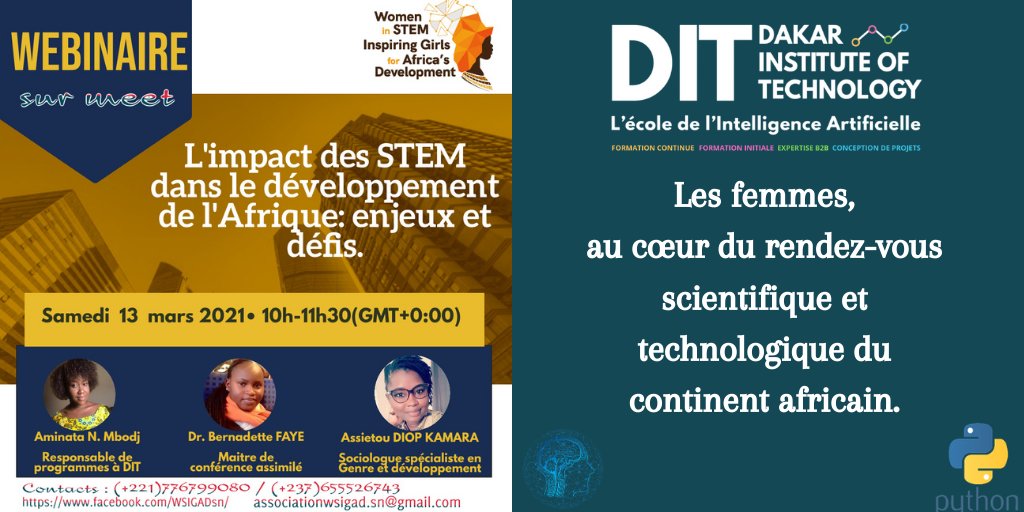 DITSenegal's tweet image. 🚨🚨🚨Webinaire STEM
Vous êtes tous invités au Webinaire du WSIGADsn autour du thème :"l'impact des STEM dans le développement de l'Afrique: enjeux et défis."
Un rendez-vous à ne surtout pas rater...
📌Lien google meet>> bit.ly/3t41KdC
#AIJobs #JigeenCodel #womencoding