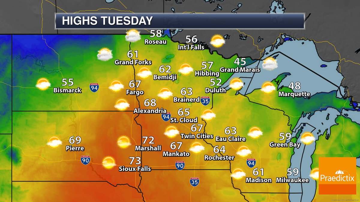 Record highs are expected today across Minnesota. Highs will climb into the 60s and 70s in central and southern Minnesota. Enjoy it while you can - cooler weather is ahead later this week. #mnwx https://t.co/SVFfS5maDU