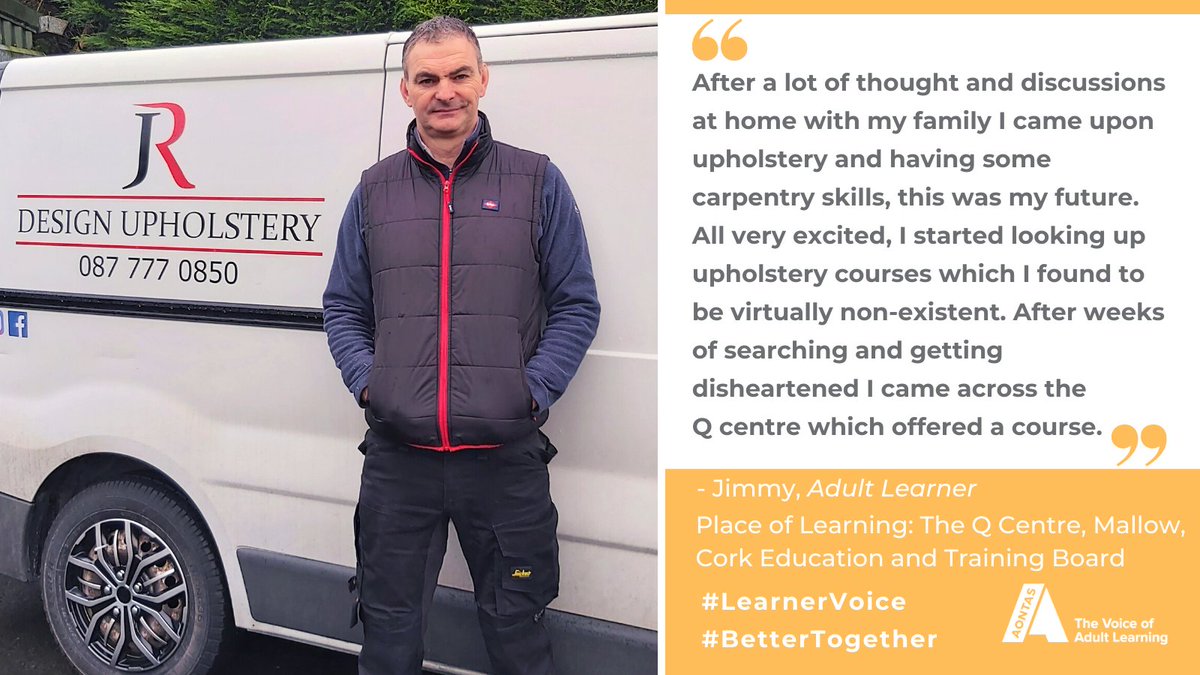 aontas's tweet photo. Jimmy is an adult learner with the #STARAwards2021 highly commended project @CorkETB North Cork Upholstery &amp; Textile Design Classes (#SustainableDevelopment through Education category)
Thanks to Jimmy for sharing his story!👏 #LearnerVoice Full story🔗➡️ https://t.co/CBK0lmmQar https://t.co/KQYAIApFaj