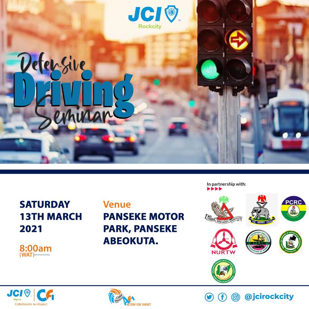 jcirockcity's tweet photo. As part of activities lined up to commemorate the JCI Nigeria Founder’s day celebration, join JCI ROCKCITY for the Defensive Driving Seminar this Saturday, 13th March 2021 @ Panseke Motor Park, Panseke Abeokuta.
#ActionForImpact
#CollaborateForImpact
#JCIRockcity
#JCINigeria https://t.co/RaTlaP5LcG