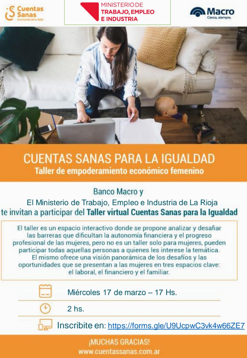 👭 Te invitamos a participar del taller de empoderamiento económico femenino "Cuentas Sanas para la Igualdad". 

🗓️Miércoles 17 de marzo
⌚17 hs. 
✅Gratuíto para todo público
📌Cupos limitados

Inscribite aquí: 👇🏽
forms.gle/U9UcpwC3vk4w66…
