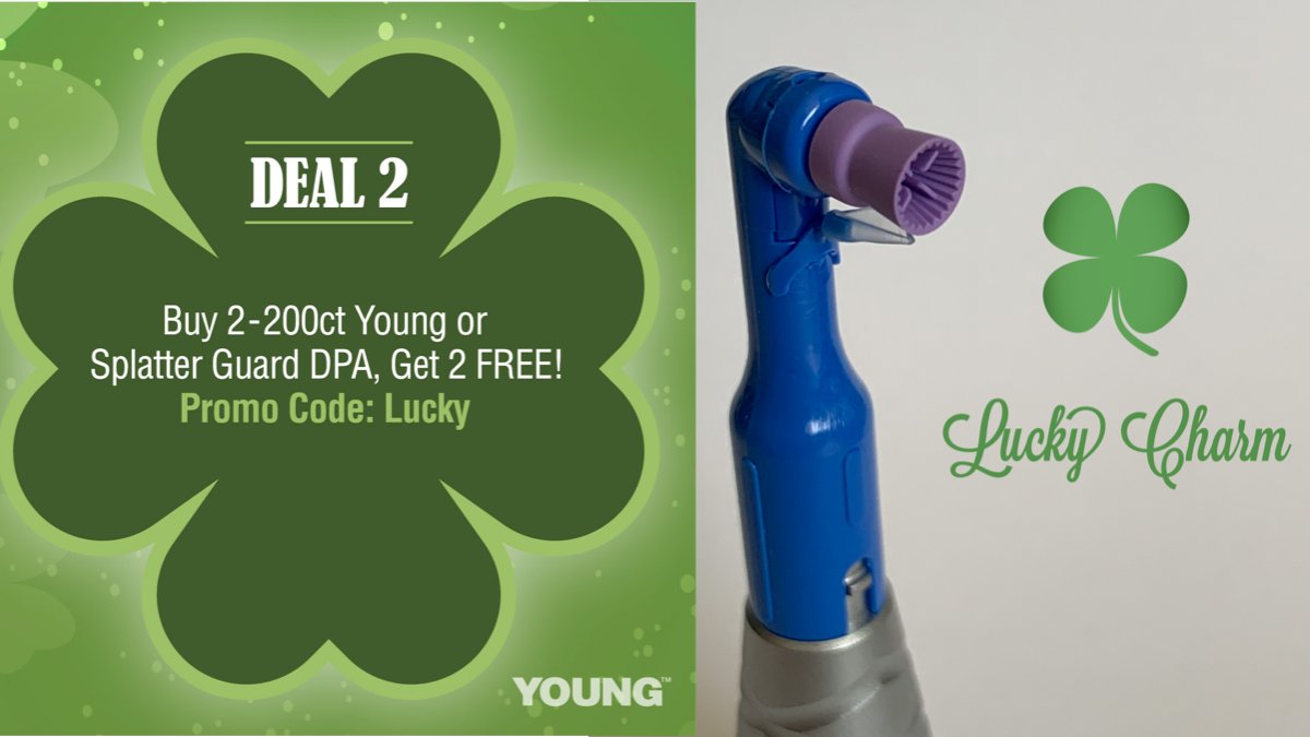 It's Day 2 of our #7LuckyDentalDeals 🍀 Buy 2, Get 2 FREE on 200ct boxes of Young and Splatter Guard prophy angles ⭐ 
.
.
Offer(s) valid in the USA only 3/8/21 - 3/16/21. Must use promo code LUCKY to redeem.