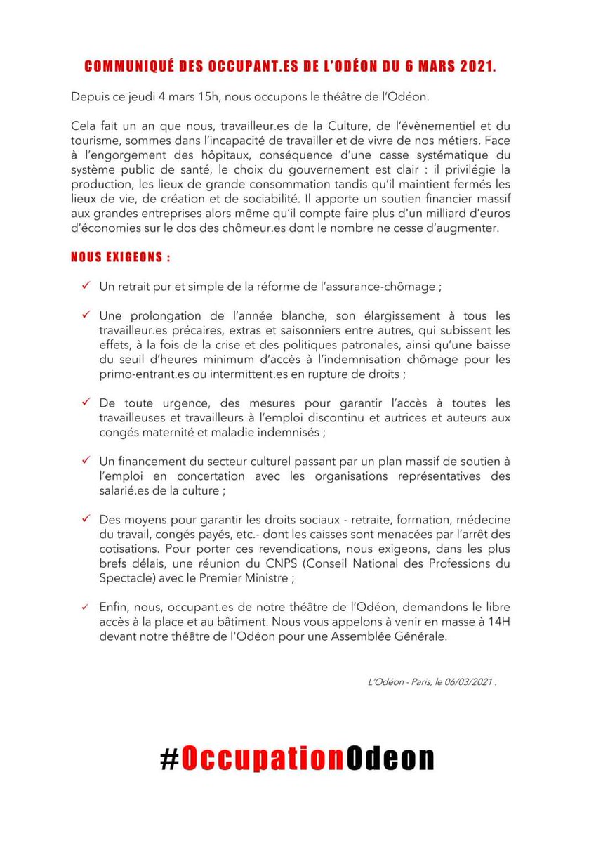 Soutien à l' #OdeonOccupe !
Pour mémoire, voici les revendications: