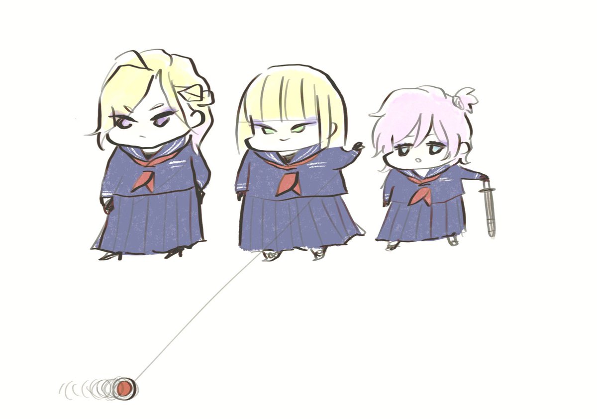multiple girls blonde hair school uniform 3girls serafuku wooden sword green eyes  illustration images