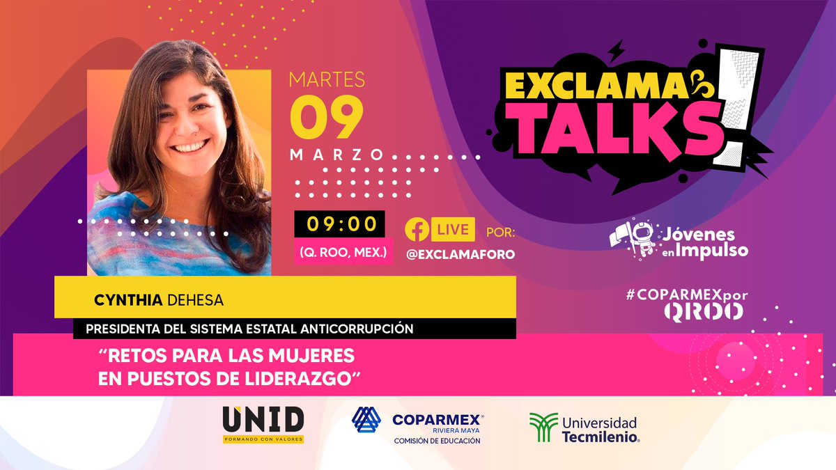 #EnVivo ¡Hoy! <a href="/CynthiaDehesa/">Cynthia Dehesa</a> de <a href="/CxTransparencia/">CxTransparencia</a> es nuestra gran speaker para un gran tema. Sigue la transmisión. Inicia 9am (Q. Roo). 
➡️ fb.watch/47cx3giaFf/
<a href="/CoparmexRm/">COPARMEX RIVIERA MAYA</a> <a href="/UNID_Pdc/">UNIDPlaya del Carmen</a> <a href="/TECMILENIOQROO/">TECMILENIO CANCÚN</a>