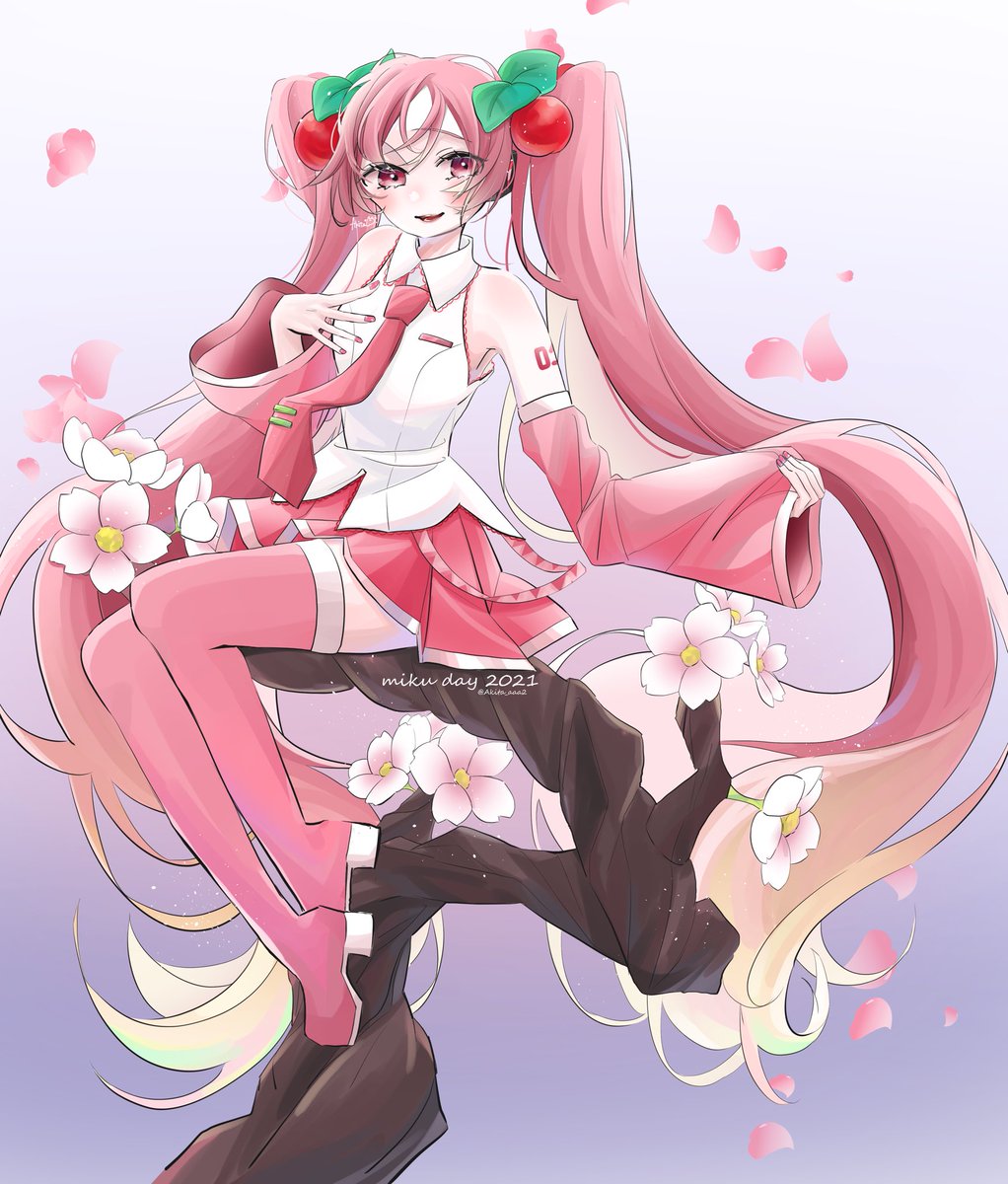 初音ミク ,桜ミク 「#ミクの日2021 
#ミクの日 
??? 」|猫間 ｱｷ🐈🐾のイラスト