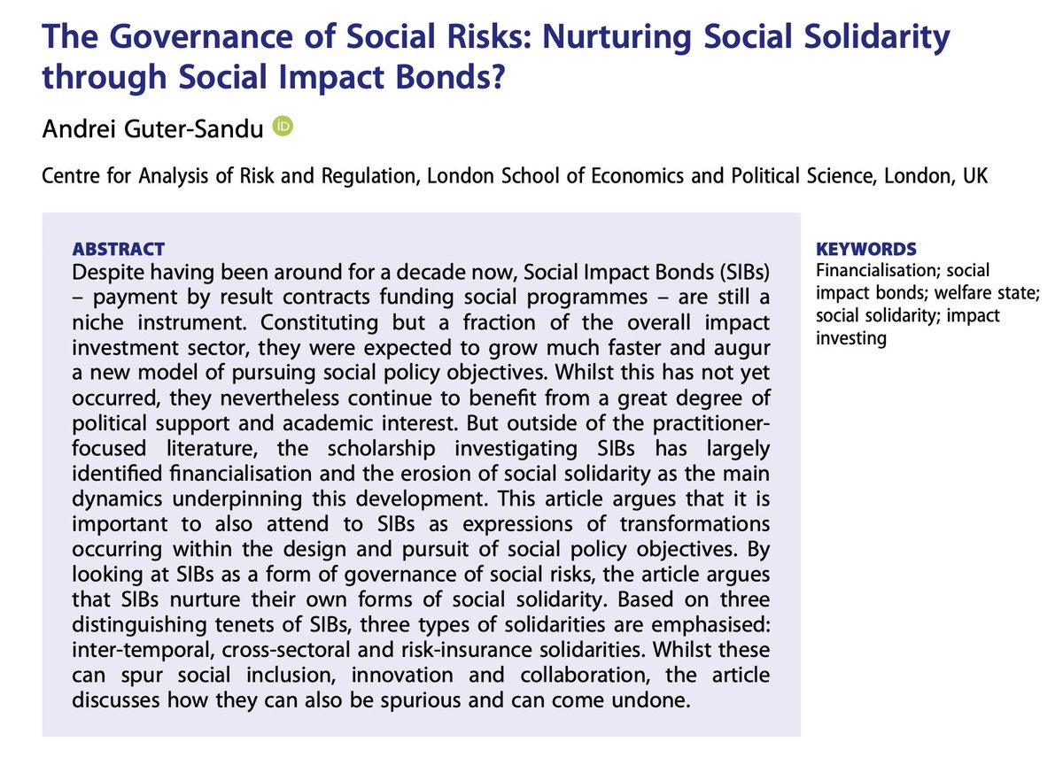 What can we learn from a decade of experimentation w/ #SocialImpactBonds about their effects on social solidarity and welfare state?

In this @NPEjournal paper I argue we should attend to SIBs as an expression of changes in governance of social risks

bit.ly/3etDy0h

1/7