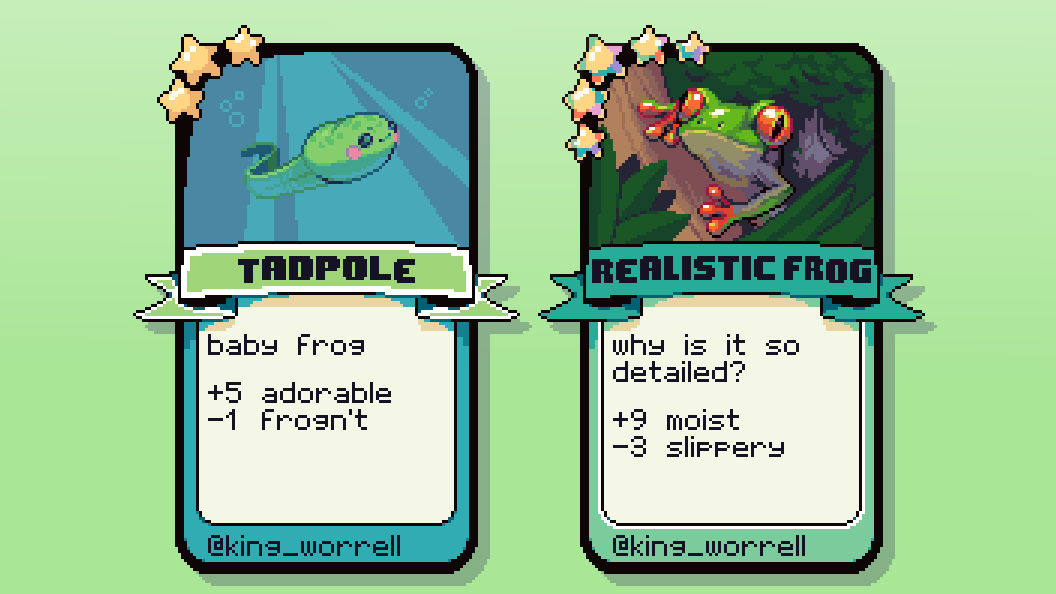King_Worrell's tweet photo. Rare and Ultra Rare #frogpon cards I made for the collab. #pixelart #ドット絵 https://t.co/31G2NaVwhw