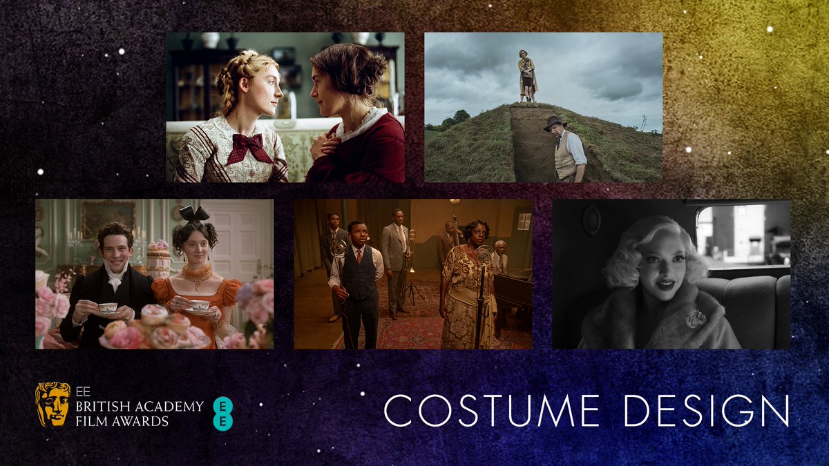 BAFTA's tweet photo. Nominated for Costume Design 👗🎩 are 

🎥 Ammonite
🎥 The Dig
🎥 Emma.
🎥 Ma Rainey’s Black Bottom
🎥 Mank

#EEBAFTAs https://t.co/rQqTDrklzy