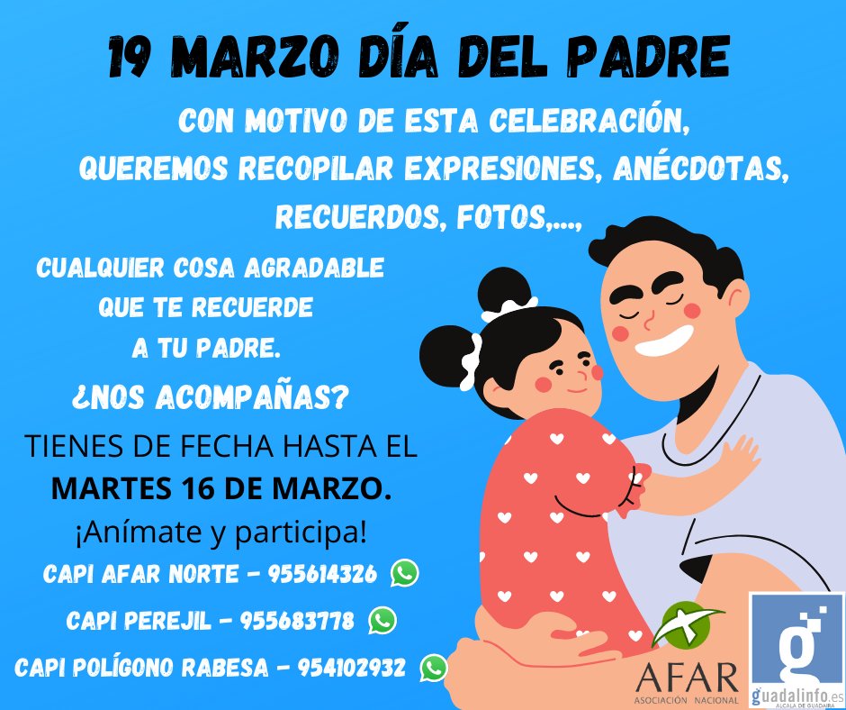 Se acerca el #DiaDelPadre, y queremos recopilar expresiones, anécdotas, recuerdos, fotos,..., cualquier cosa bonita y agradable que te recuerde a tu padre. ¿Nos acompañas?  
Anímate y participa. #AlcaládeGuadaíra #GuadalinfoSevilla #19Marzo2021
<a href="/fegarc/">Fernando G.Cumbreras</a> <a href="/Cmota/">Carmen Mota</a> <a href="/RedGuadalinfo/">Vuela Guadalinfo</a>