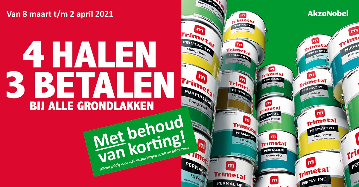 Onze bekende Grondlakken 4=3 actie is weer van start! Elk 4e blik is gratis. Met behoud van korting, en combineren mag! Profiteer ervan bij je grossier.