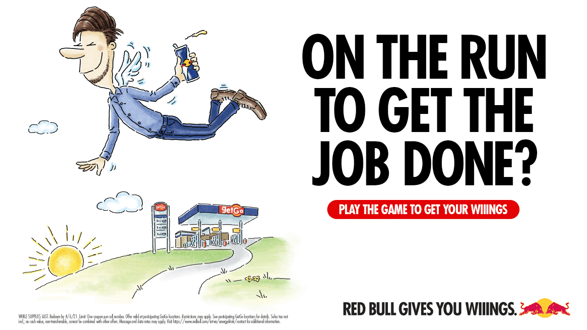 getgo's tweet photo. Red Bull gives you WIIINGS and #GetGo has WIIINGS for every taste!

Click the link to play the game and earn a free can of Red Bull at any #Getg: https://t.co/jLEQ4zrX65 https://t.co/civJ4h5EN2