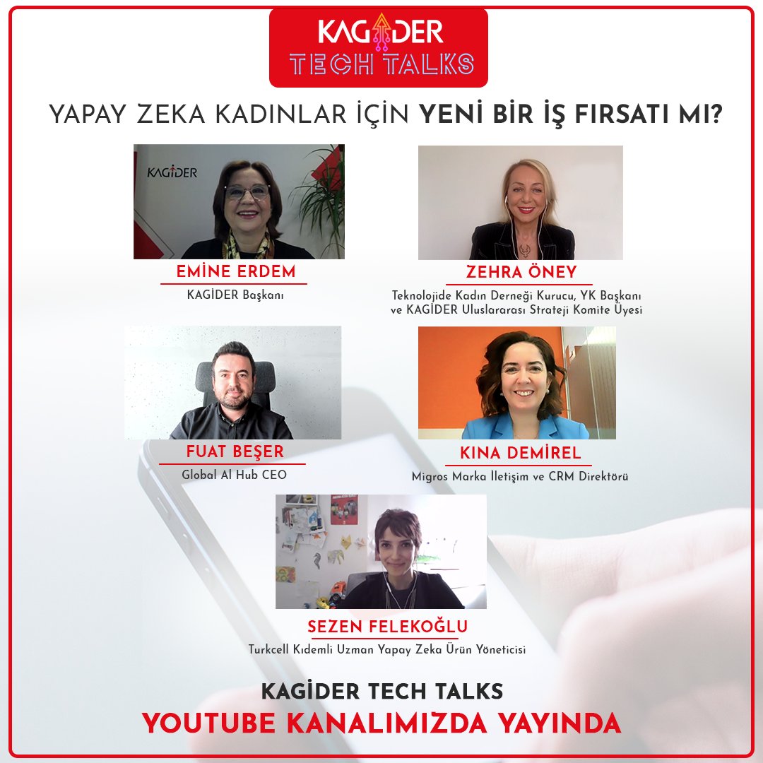 KAGİDER Tech Talks etkinliği “Yapay Zeka Kadınlar için Yeni Bir Fırsat mı?” konusunda düzenlendi. Kaçıranlar ve tekrar izlemek isteyenleri KAGİDER Youtube kanalına bekliyoruz bit.ly/2N6oryw <a href="/zehraoney/">Zehra Öney</a> <a href="/fuatbeser/">Fuat Beşer</a> <a href="/demikina/">KinaDemirel</a> #SezenFelekoğlu <a href="/emineperdem/">Emine Erdem</a> @tijenmergen