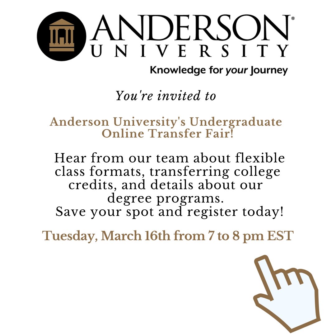 AndersonUOnline's tweet photo. In just one week, we're hosting an online undergraduate transfer fair! Attendees will learn how to transfer college credits with ease and earn a bachelor's degree quickly! Bonus-> attendees will receive an application fee waiver! https://t.co/UM9UEIecyV https://t.co/EEI1RuIheW