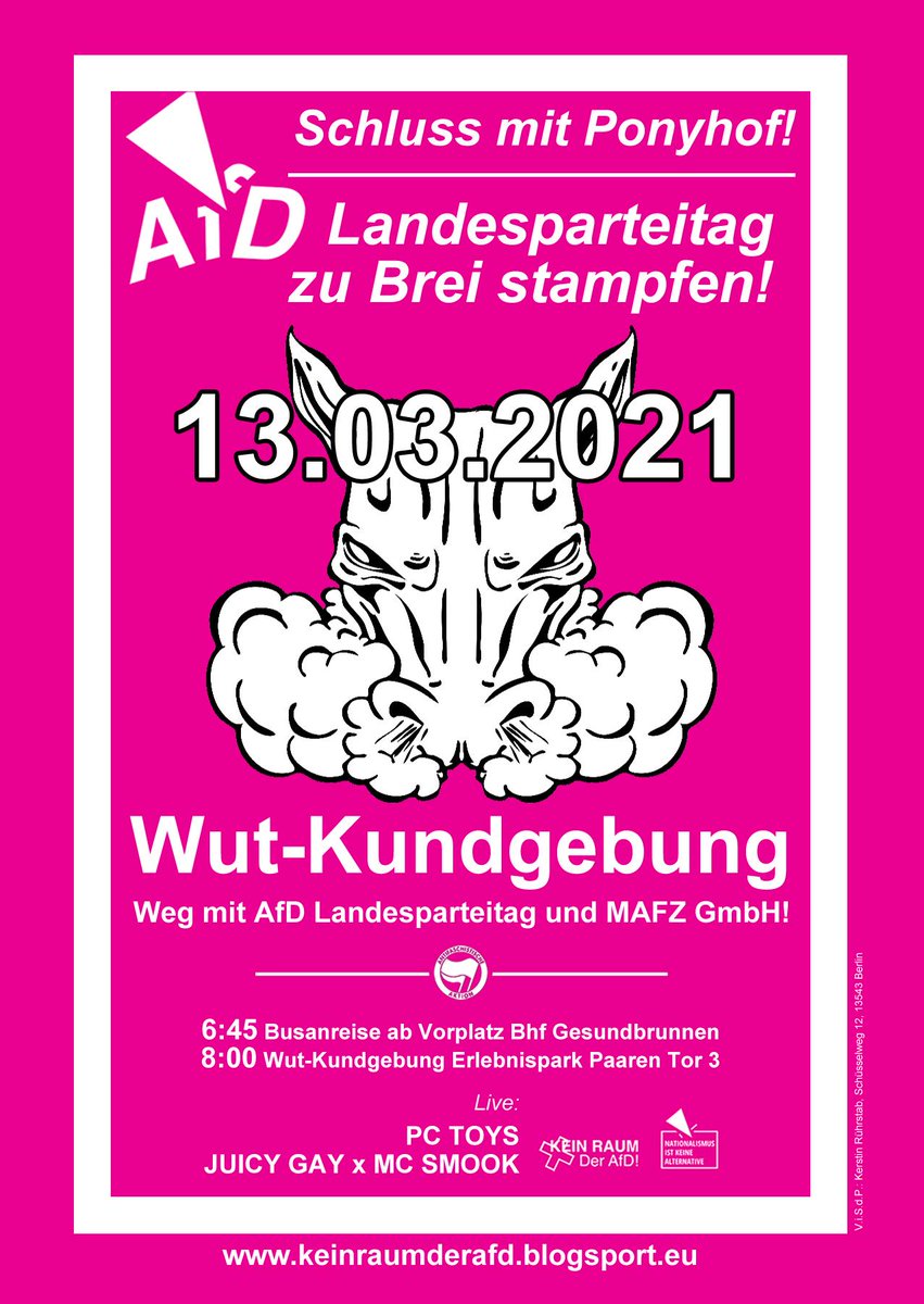 noafdberlin's tweet photo. ❌UPDATE: https://t.co/4ZRIWqPeI8

Aktionswochenende gegen den AfD-Landesparteitag und die Räume der AfD!

13.03. Wut-Kundgebung am #ErlebnisparkPaaren
▪️6:45 Busanreise ab Gesundbrunnen
▪️8:00 Kundgebung vor dem #MAFZ

14.03. Beats gegen Beatrix
▪️14 Uhr Zionskirchstr. 3

#noLPT https://t.co/iiYBLH8VRR