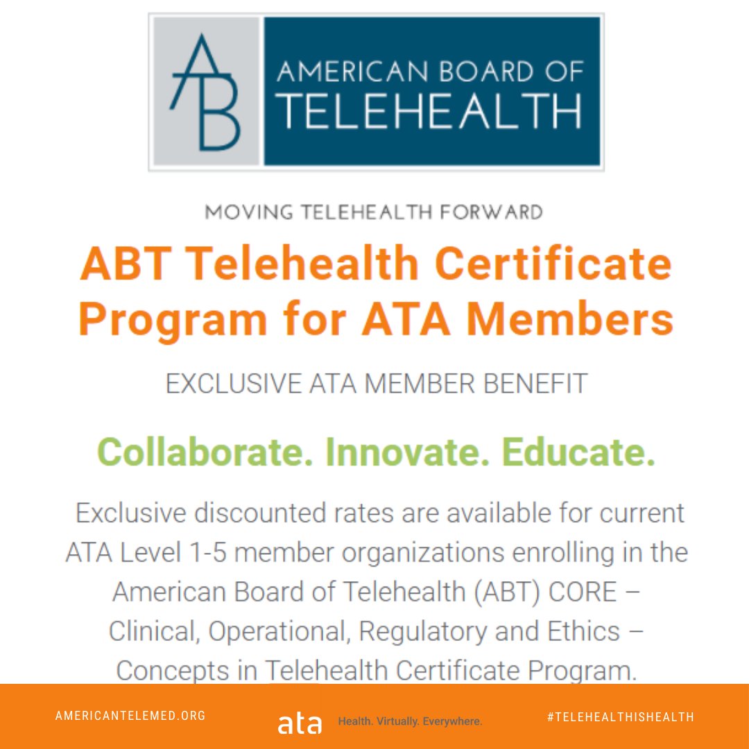 We're pleased to announce ATA Level 1-5 members receive discounted rates to enroll in the American Board of Telehealth's CORE #Telehealth #Certificate Program. To learn more and enroll at the ATA rate, sign up today: info.americantelemed.org/abt 
#TelehealthIsHealth