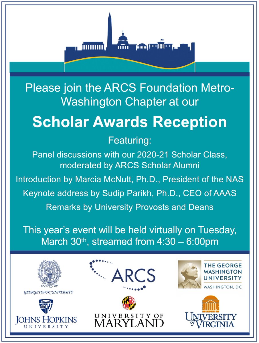 ARCS Metro Wash (@arcsmetrowash) on Twitter photo Join us for our 2021 Scholar Awards Reception featuring our Scholars from <a href="/UVA/">UVA</a> <a href="/UMD_CollegePark/">UMD College Park</a> <a href="/Georgetown/">Georgetown University</a> <a href="/JohnsHopkins/">Johns Hopkins University</a> & <a href="/GWTweets/">GW University</a>, a Keynote from <a href="/sudipsparikh/">Sudip Parikh</a> introduced by former Eagle Awardee <a href="/Marcia4Science/">Marcia McNutt</a>!
<a href="/ARCSFoundation/">ARCS Foundation Inc.</a>
events.r20.constantcontact.com/register/event… Join us for our 2021 Scholar Awards Reception featuring our Scholars from <a href="/UVA/">UVA</a> <a href="/UMD_CollegePark/">UMD College Park</a> <a href="/Georgetown/">Georgetown University</a> <a href="/JohnsHopkins/">Johns Hopkins University</a> & <a href="/GWTweets/">GW University</a>, a Keynote from <a href="/sudipsparikh/">Sudip Parikh</a> introduced by former Eagle Awardee <a href="/Marcia4Science/">Marcia McNutt</a>!
<a href="/ARCSFoundation/">ARCS Foundation Inc.</a>
events.r20.constantcontact.com/register/event…