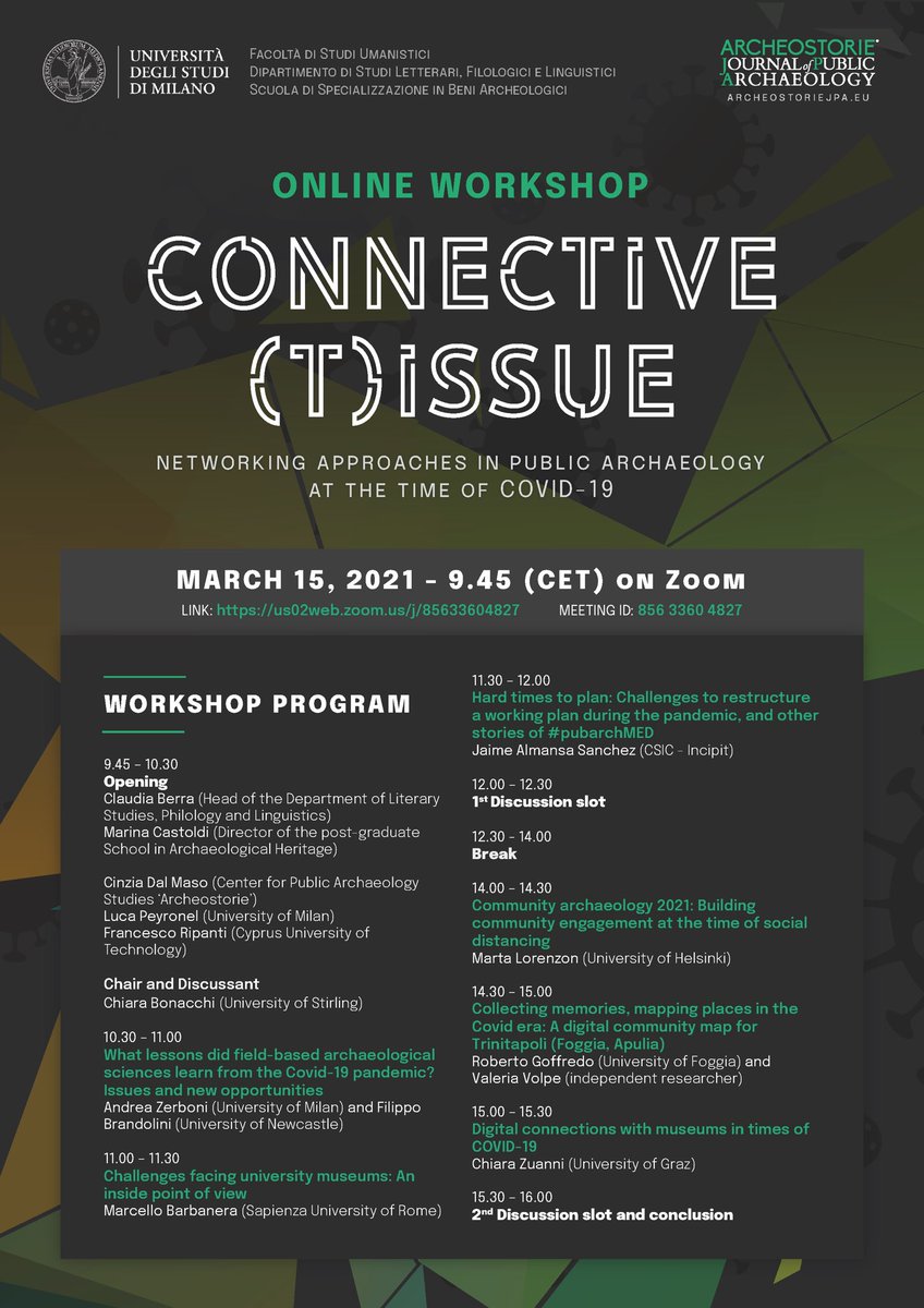 Il #Covid ha accelerato molti processi già in atto. Li ha resi necessari.
Il nostro <a href="/ArcheostorieJPA/">Archeostorie JPA</a> ha voluto ragionare sulle #connessioni che si sono create tra #studiosi, tra istituzioni #culturali e i #cittadini.
Link per partecipare al #workshop:
us02web.zoom.us/j/85633604827