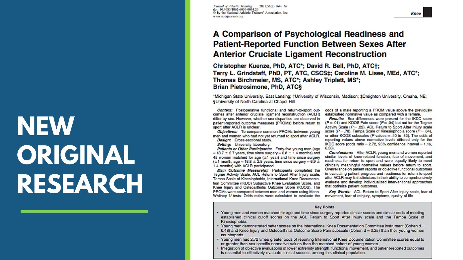 Journal of Athletic Training on X: New online first from Dr. Chris Kuenze  (@kuenzech) and colleagues: A Comparison of Psychological Readiness and  Patient-Reported Function Between Sexes After Anterior Cruciate Ligament  Reconstruction Link: