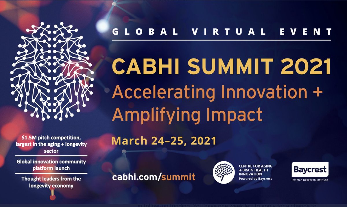 I'm excited about the #CABHISummit on March 24/25. Featuring the #longevity sector's largest pitch competition ($1.5M for Canadian #healthtech), a new platform for older adults, and 60+ speakers. 
Who's in? cabhi.com/summit/