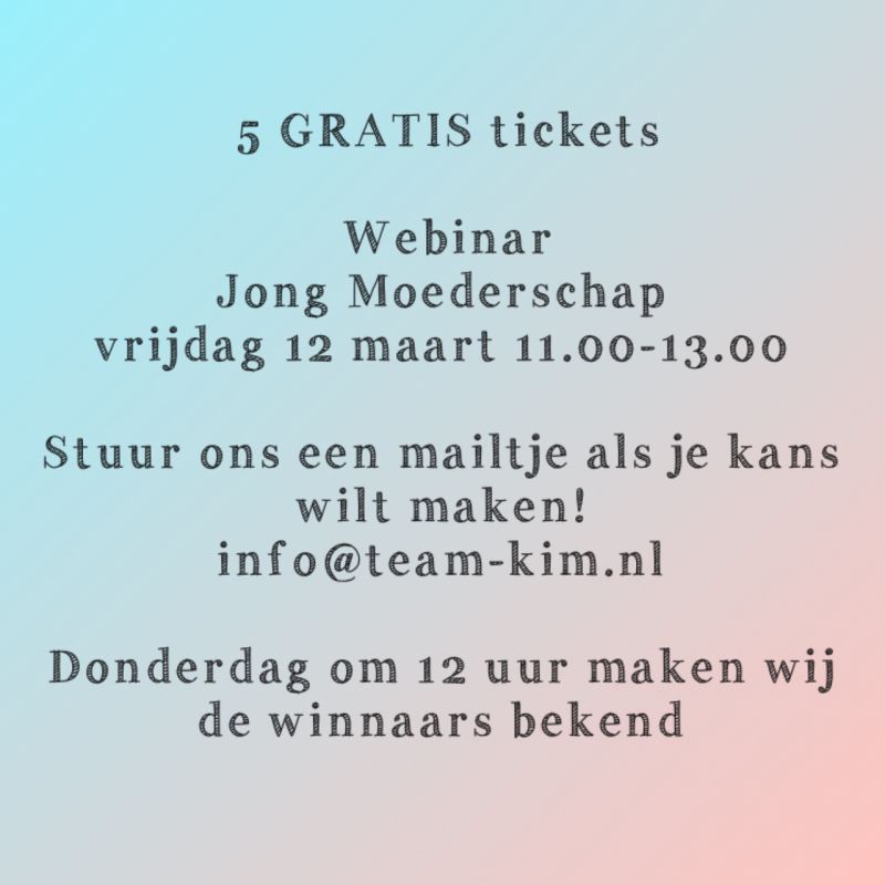 In het kader van nationale vrouwendag waarmee we gisteren de week begonnen, willen wij 5 GRATIS tickets weggeven voor het Webinar Jong Moederschap
Wanneer: 22 maart 11.00 - 13.00
Hoe: Via Zoom

Wil jij ook kans maken!? Stuur ons een mail!
