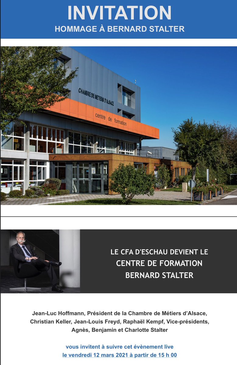 Le #CFA de la <a href="/CommuneEschau/">Commune d'Eschau</a> devient le Centre de Formation #BernardSTALTER. Afin de rendre hommage à Bernard et de saluer son engagement <a href="/JeanROTTNER/">Jean ROTTNER</a> &amp; la <a href="/MajoriteGE/">Majorité Grand Est</a> vous invitent à suivre cet événement ce vendredi 12 mars à 15h00 en suivant ce lien 👉
fb.me/e/1azZPln54