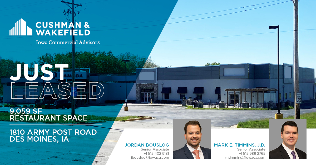 IowaCommAdvsr's tweet image. JUST LEASED | Restaurant Space
1810 Army Post Road | Des Moines
 
Congratulations to Jordan Bouslog &amp;amp; Mark Timmins on the lease of 9,059 SF of restaurant space, the new home to Fiesta Mexican Restaurant. 
 
#justleased #CRE #cushmanwakefield