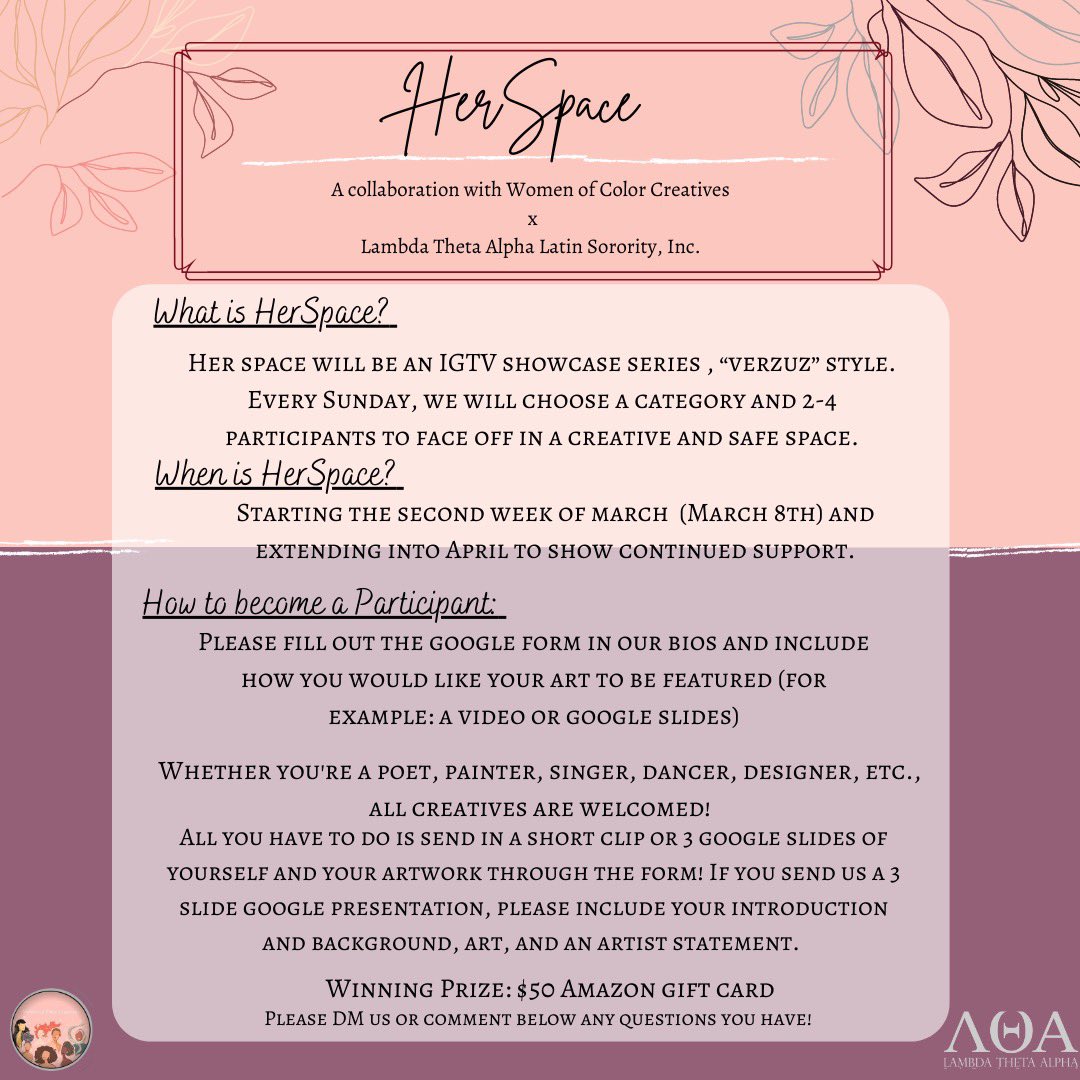 lta_betaepsilon's tweet photo. The Beta Epsilon Chapter of Lambda Theta Alpha Latin Sorority, Inc. and the Women of Color Creatives are looking to host an IGTV series called “HerSpace” where we feature students of color who identify as womxn that have an art or talent that they would like to be showcased. https://t.co/KvseH7E8xA