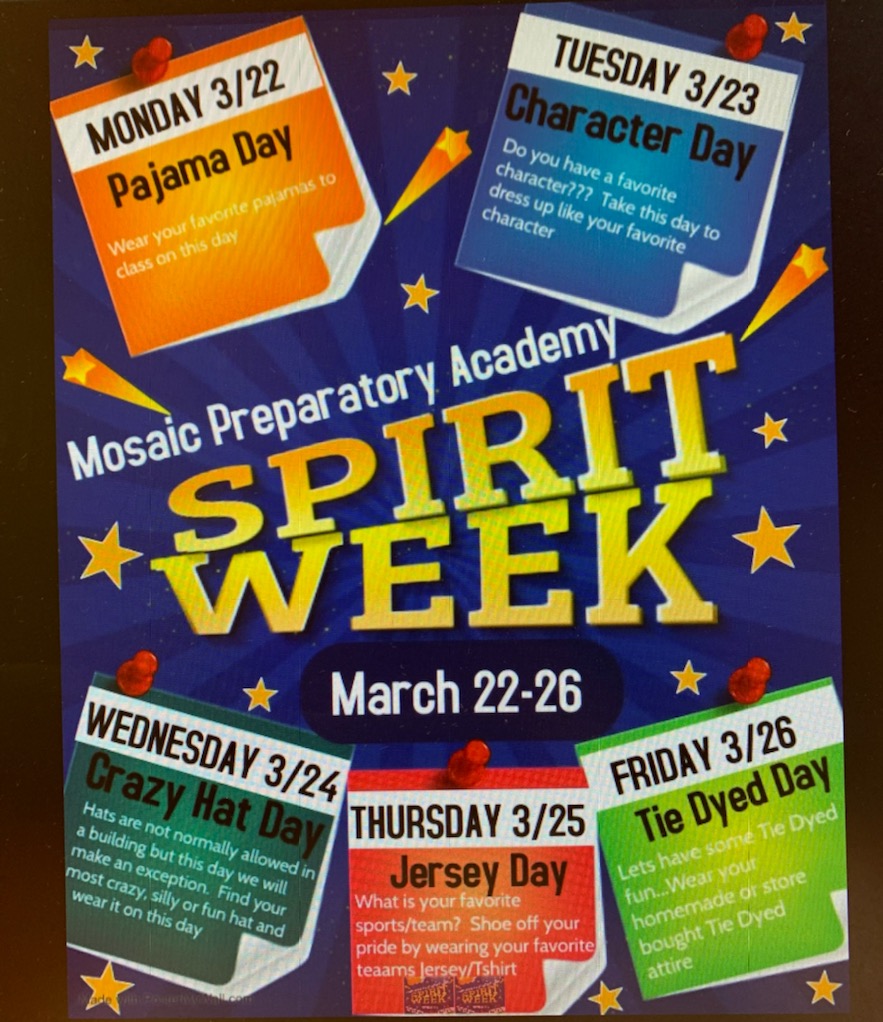 SharonAnn829's tweet photo. Spirit Week!!! Coming soon to @MosaicPrep I can't wait to see what our scholars, professors and our leader @LizBC1908  come up with during this fun week!! https://t.co/aRKQyvh6bq