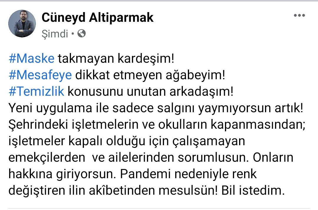 cuneyd6parmak's tweet photo. #Maske takmayan kardeşim!
#Mesafeye dikkat etmeyen ağabeyim!
#Temizlik konusunu unutan arkadaşım!
Yeni uygulama ile sadece salgını yaymıyorsun artık!Şehrindeki işletmelerin, okulların ve emekçilerin hakkına giriyorsun. Pandemi nedeniyle renk değiştiren ilin akîbetinden mesulsün! https://t.co/nllnw2uS8X