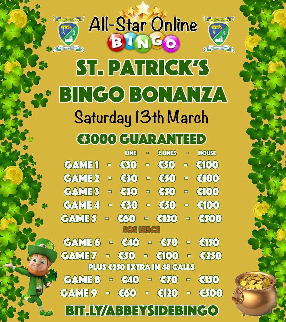 Don't forget to click on the link below to purchase your books for our St Patrick's Bingo Bonanza with a guaranteed €3000 Jackpot. It promises to be a great night's fun with lots of chances to win big cash prizes.💶💶💶 ☘☘

facebook.com/10316439840917…