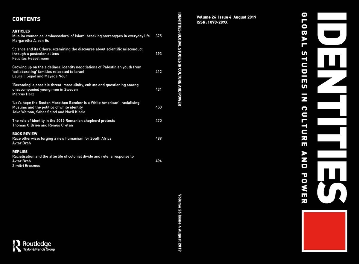 IDjnl's tweet photo. Have you explored #Identities #PastIssues?

Read issue 26(4), with articles on #Muslim women, #Palestinian youth, #masculinity and culture, #whiteness, and more:

https://t.co/a2KNeehhL1 

@NasarMeer @aaronzwinter @Routledge_Socio https://t.co/GoK76Y8Mfe
