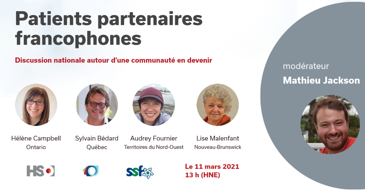Webinaire: Patients partenaires francophones - Discussion nationale autour d’une communauté en devenir

Quand? Jeudi 11 mars 2021 à 13h (HNE) 

Inscriptions 👇zoom.us/meeting/regist…

<a href="/PartenariatLabo/">Labo du partenariat</a> @HSO_world @AgrementCanada <a href="/alungstory/">Hélène Campbell</a> <a href="/SylvainCEPPP/">Sylvain Bédard</a> <a href="/mathieu_jackson/">Mathieu Jackson</a> <a href="/SanteTno/">Réseau TNO Santé</a>