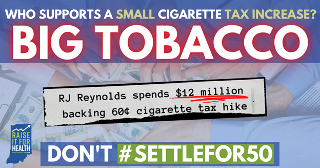 CRH_HCI's tweet photo. Tobacco giant RJ Reynolds spent $12 million in 2016 to support a 60-cent cigarette tax increase in Missouri. A 50-cent cigarette tax increase might be good for Big Tobacco, but it is bad for Hoosiers. That is why #INLegis should not #SettleFor50. https://t.co/K1T2m502Fk