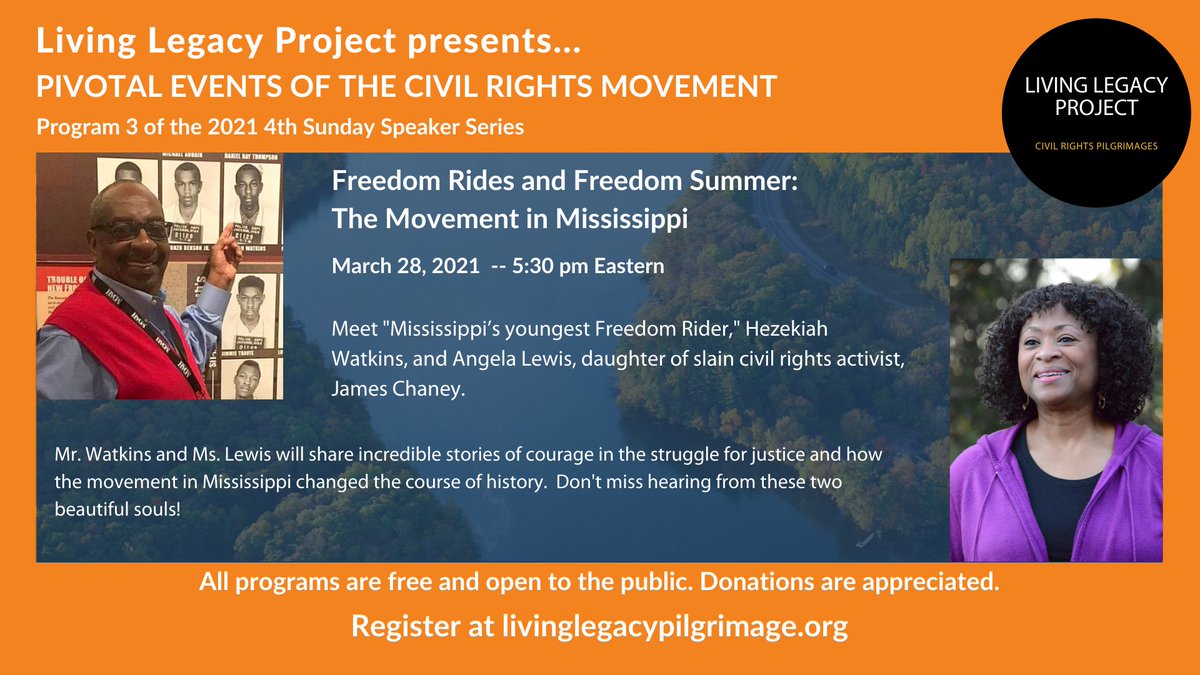 Join us tonight, Mar 9th, for "Soundtrack of Social Change: Writing Songs of Protest and Justice" &amp; then on Sun, Mar 28 for a conversation w "Mississippi's youngest Freedom Rider" and Angela Lewis, daughter of slain civil rights activist, James Chaney. uulivinglegacy.org
