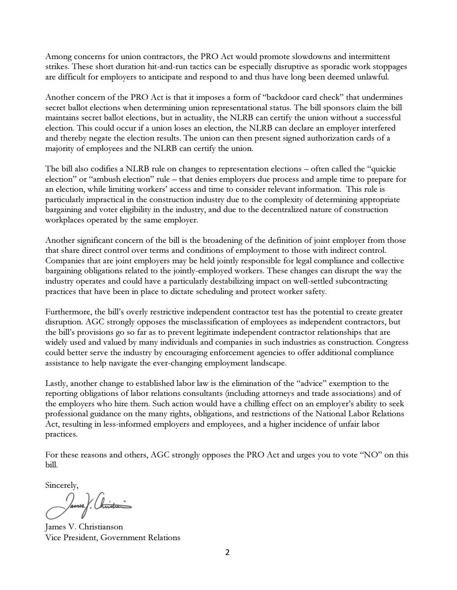 AGCLegislative's tweet photo. US House to vote on #PROAct later today. It’s the most far-reaching attempt to change labor laws in decades. @AGCofA letter in opposition to the PRO Act ➡️ https://t.co/dUEuEJemIc https://t.co/l7JwkFfcWi