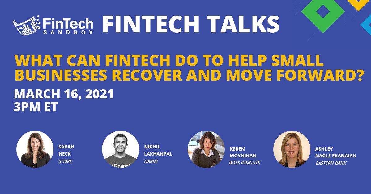FinTechSandbox (@fintechsandbox) on Twitter photo Join us for a conversation on small business recovery and how the fintech industry can provide solutions.
Featuring:
<a href="/SarahKHeck/">Sarah Heck</a> (<a href="/stripe/">Stripe</a>),
<a href="/lakhanpaln/">Nikhil Lakhanpal</a> (@narmi_tech),
<a href="/MoynihanKeren/">Keren Moynihan</a> (<a href="/bossinsight/">Boss Insights</a>),
and <a href="/Nagle_Eknaian/">Ashley Nagle Eknaian</a> (<a href="/easternbank/">Eastern Bank</a>).
Register: bit.ly/JoinFinTechTal… Join us for a conversation on small business recovery and how the fintech industry can provide solutions.
Featuring:
<a href="/SarahKHeck/">Sarah Heck</a> (<a href="/stripe/">Stripe</a>),
<a href="/lakhanpaln/">Nikhil Lakhanpal</a> (@narmi_tech),
<a href="/MoynihanKeren/">Keren Moynihan</a> (<a href="/bossinsight/">Boss Insights</a>),
and <a href="/Nagle_Eknaian/">Ashley Nagle Eknaian</a> (<a href="/easternbank/">Eastern Bank</a>).
Register: bit.ly/JoinFinTechTal…