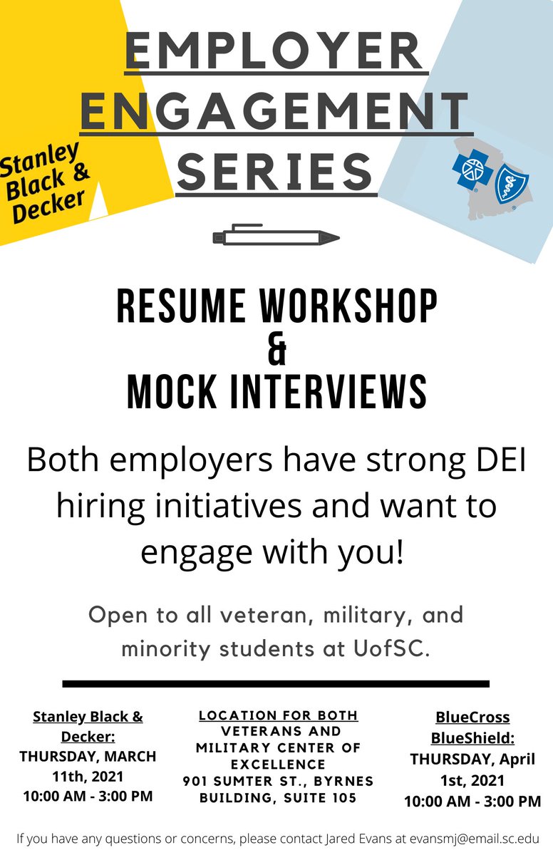 USC_VetandMil's tweet photo. (1/2) Are you a veteran, military, or minority student @UofSC that is looking to sharpen your resume or interview skills? We have an amazing opportunity for you with @bcbssc and @StanleyBlkDeckr! Check out the flyer below for details! #UofSC #ServingThoseWhoServe #SBD #BCBSSC 🇺🇸 https://t.co/7xeK6EZTOi