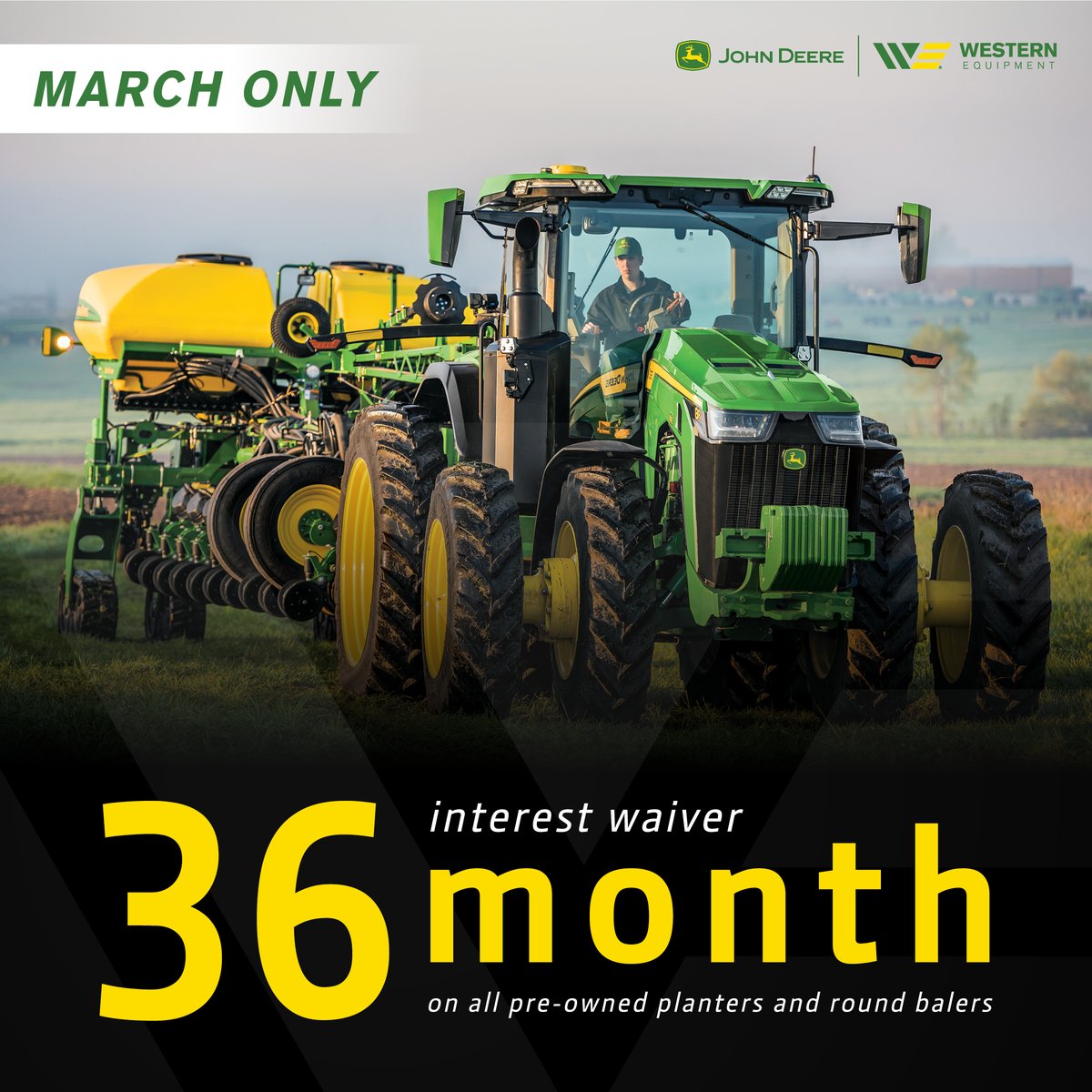 WesternEquip_'s tweet photo. During the month March, receive a 36-month interest waiver on all pre-owned planters and round balers at Western Equipment!

View the specials here 👉  https://t.co/Ug1zaQQpxS

#WesternEquipment #JohnDeere #RoundBalers #Planters #Plant2021 https://t.co/MSF0a8bc9i