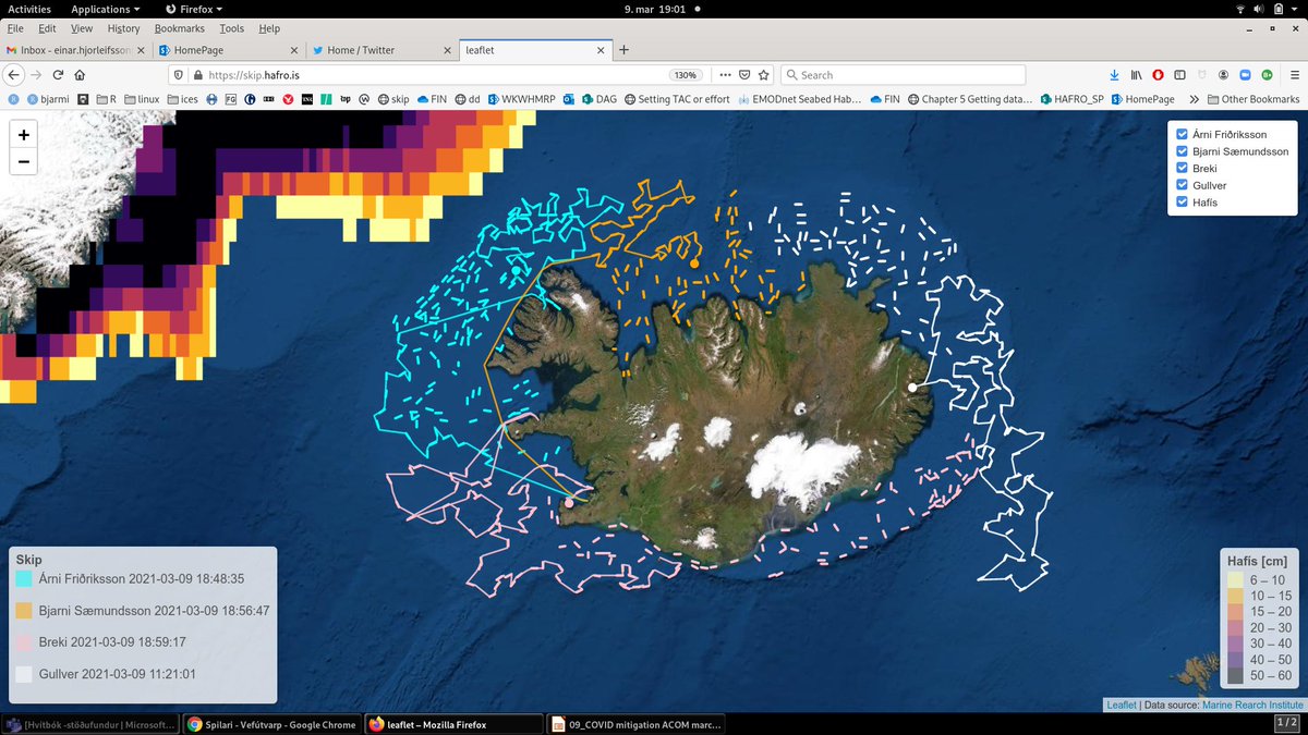 The Icelandic annual spring trawl fish survey is now in full swing. Live vessel location at skip.hafro.is - map created with  #rstats
some 100+ tows done out of almost 600. sea ice likely not going a problem this year. data collected will feed into @ICES_ASC advice.