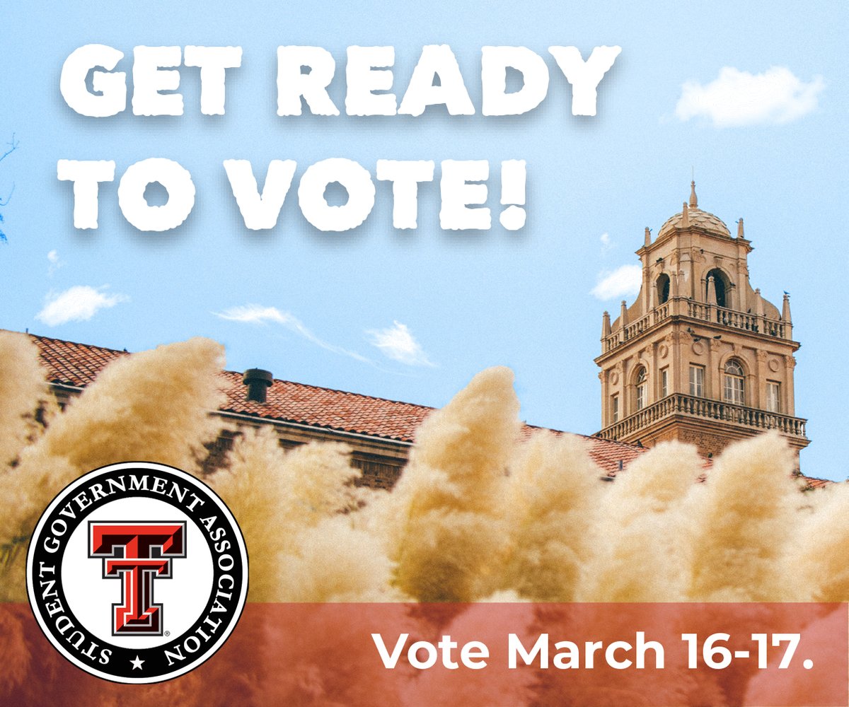 DailyToreador's tweet photo. AD: Voting for @ttu_SGA opens in one week! 🗳 Polls open at 9 a.m. on March 16 and close on March 17 at 7 p.m. Mark your calendar and make sure your voice is heard. Meet the candidates here: https://t.co/BI3hJSCBhl https://t.co/PBj0LyN11I