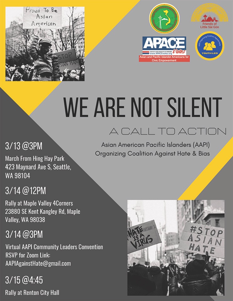 There will be rallies and gatherings in locations throughout King County this upcoming weekend, including Hing Hay Park, to stand up for community and protest the rise in anti Asian sentiment and violence.