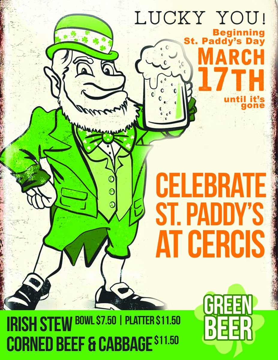 Join us for St Paddy's Day!
Corned Beef  Cabbage
Irish Stew
GREEN BEER!