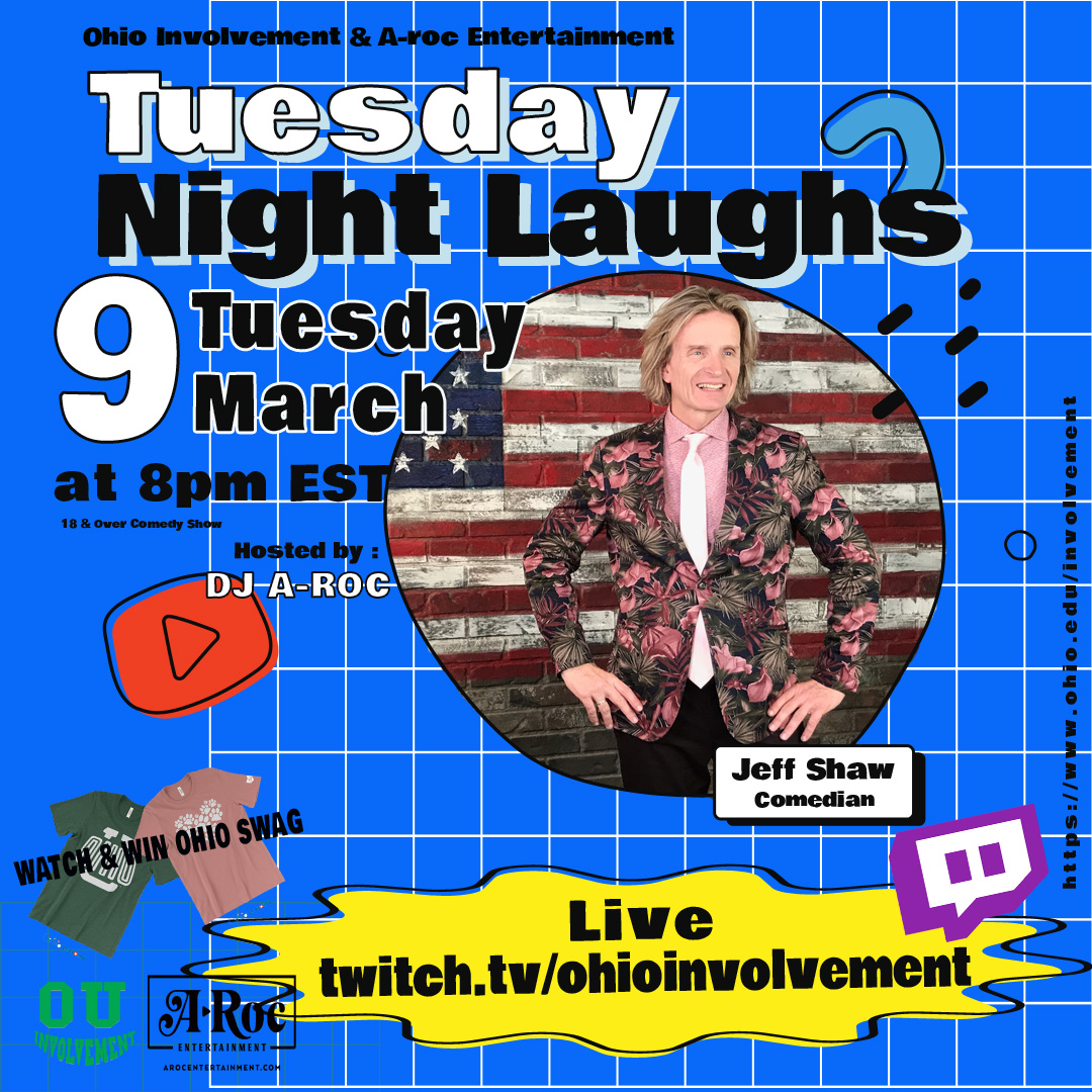 JeffTheFunDude's tweet photo. Come join @djarocohio and me for a fun #virtualcomedyshow at 8PM EST, courtesy of @ohiou's Ohio Involvement online entertainment series and be in our studio audience. If you're free tonight, so is the show. https://t.co/xOJokGBiyn... https://t.co/5E0HapuU5p