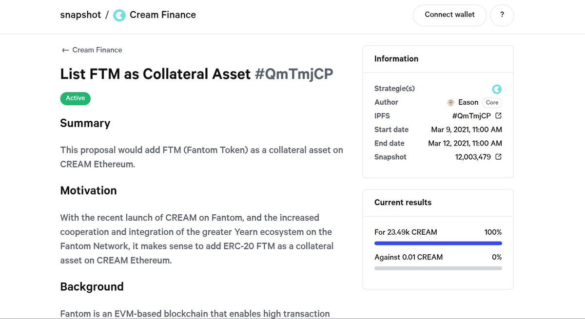 A proposal to add $FTM to <a href="/CreamdotFinance/">Cream Finance 🍦</a> on Ethereum is up! 

vote.cream.finance/#/cream-financ…