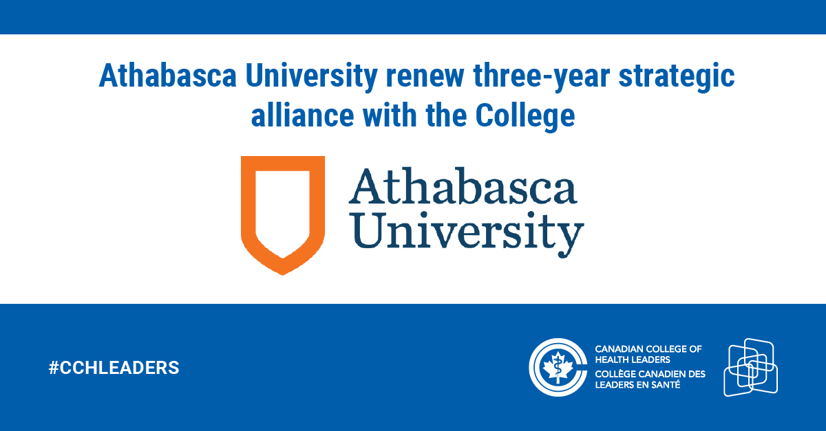 CCHL_CCLS's tweet photo. .@AthabascaU has renewed its strategic alliance with the College to increase the #leadership capabilities of healthcare managers in Canada. > #CCHLeaders #CDNHealth #HealthLeader #LeadershipMatters #CHESelect #LEADSCanada #LEADSFramework > Full article: https://t.co/8dafMsEBjc https://t.co/nKmVVhMvs0