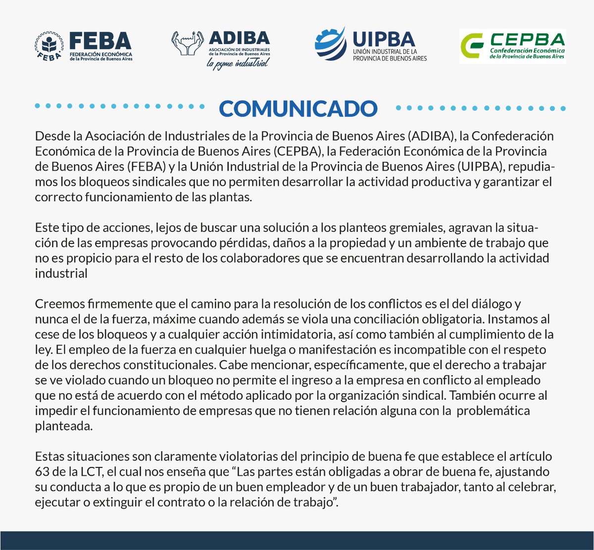 El camino no es el "apriete" ni la intimidación hacia las PyMEs. Rechazamos el bloqueo del sindicalismo

<a href="/arevalojroberto/">ROBERTO Arevalo</a> <a href="/FebaOk/">➡️ Federación Económica Buenos Aires</a> <a href="/ADIBApyme/">Asociación de Industriales de Buenos Aires 🏭</a> <a href="/redcame/">CAME</a>