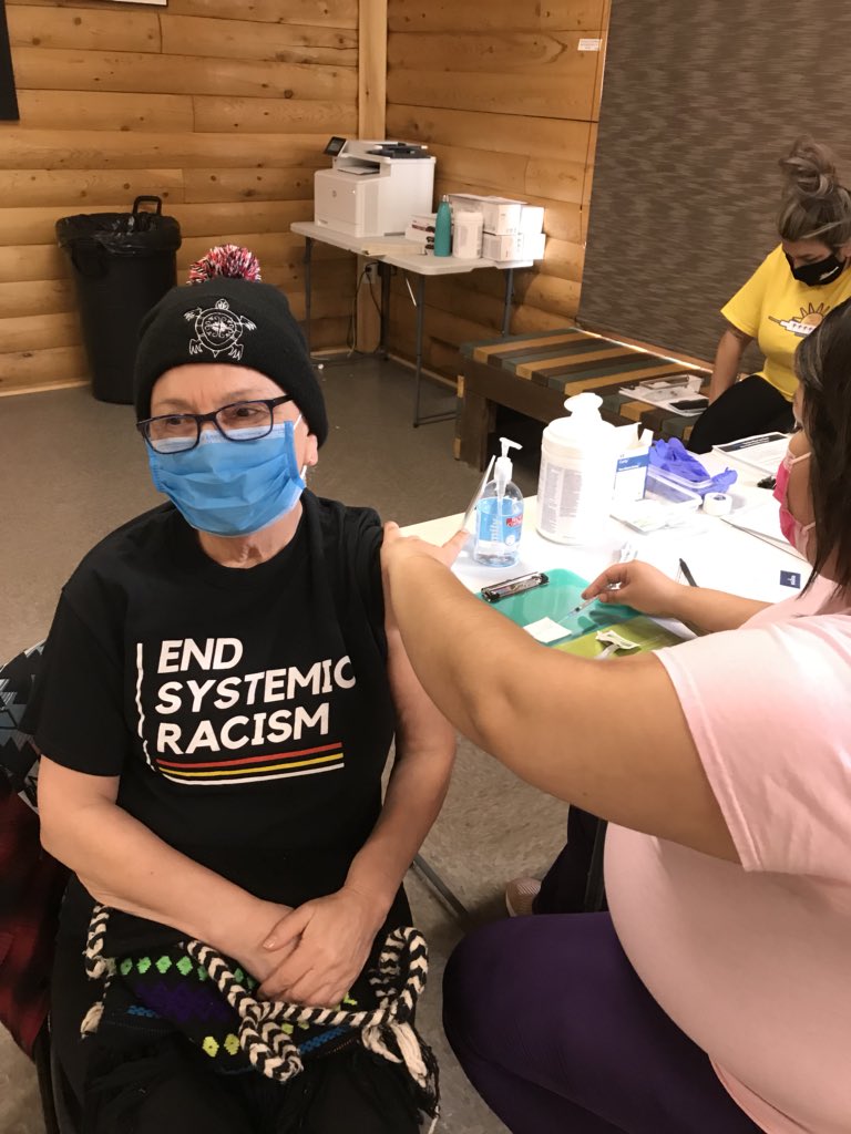Nkisi Saphuk -( gii-zee zup-hoog) I got my first Vaccine today at TFN!  Community Spirit was a blessing to share.Inter-generational healing at its best.  Congratulations to the Health Team &amp; all the community volunteers, you made our first Vaccine painless with your smi- eye-lsss